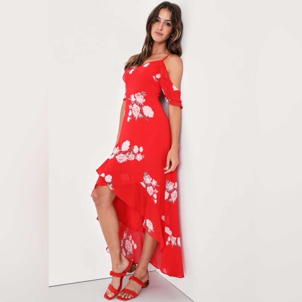 Lulus Love in Bloom Red Floral Print Off-The-Shoulder Dress, SIZE MEDIUM